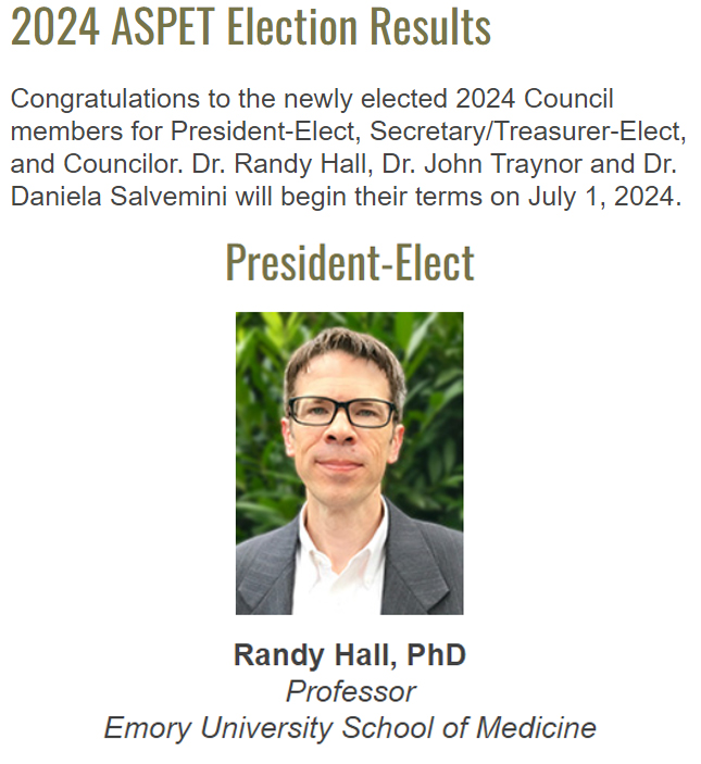 Congratulations to Dr. Randy Hall on his election as the next president of the American Society for Pharmacology and Experimental Therapeutics! aspet.org/aspet/about-us… @ASPET @EmoryMedicine @EmoryUniversity