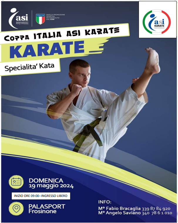 Domenica 19 maggio 2024, presso il Palasport di Frosinone, si svolgerà la Coppa Italia ASI di Karate. Le iscrizioni dovranno essere effettuate entro il 13/05/2024 Per info ed iscrizioni: asilazio.it/eventi-manifes…