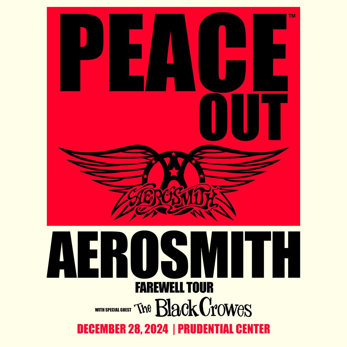 Tickets are on sale now for Aerosmith’s 2024 PEACE OUT Tour at Prudential Center on December 28!✌️ Limited tickets are available at 10am while supplies last. Grab yours today at bit.ly/4cVoKTD.