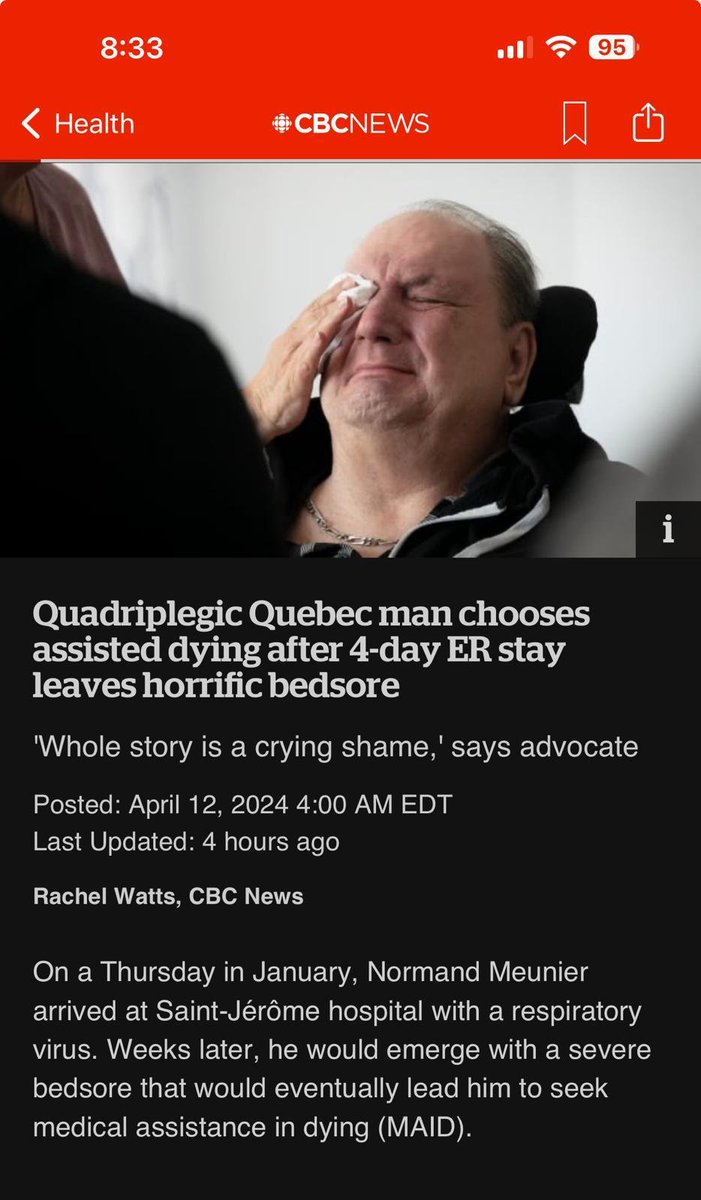 I am disgusted and not a shred surprised. We have lost our way. Mr. Meunier stuck on an ER stretcher for 4 days with consequent bone and muscle exposed said 'I don't want to be a burden'. He was granted death through medical assistance in dying. cbc.ca/news/canada/mo…