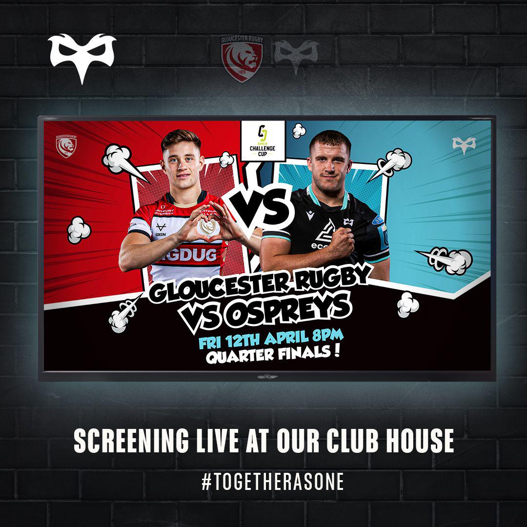 Big game for the @ospreys tonight as they take on Gloucester RFC at the Kingsholm Stadium in the European Challenge Cup Qtr Final. Why not join us for a cold one as we cheer the boys on. #TOGETHERASONE