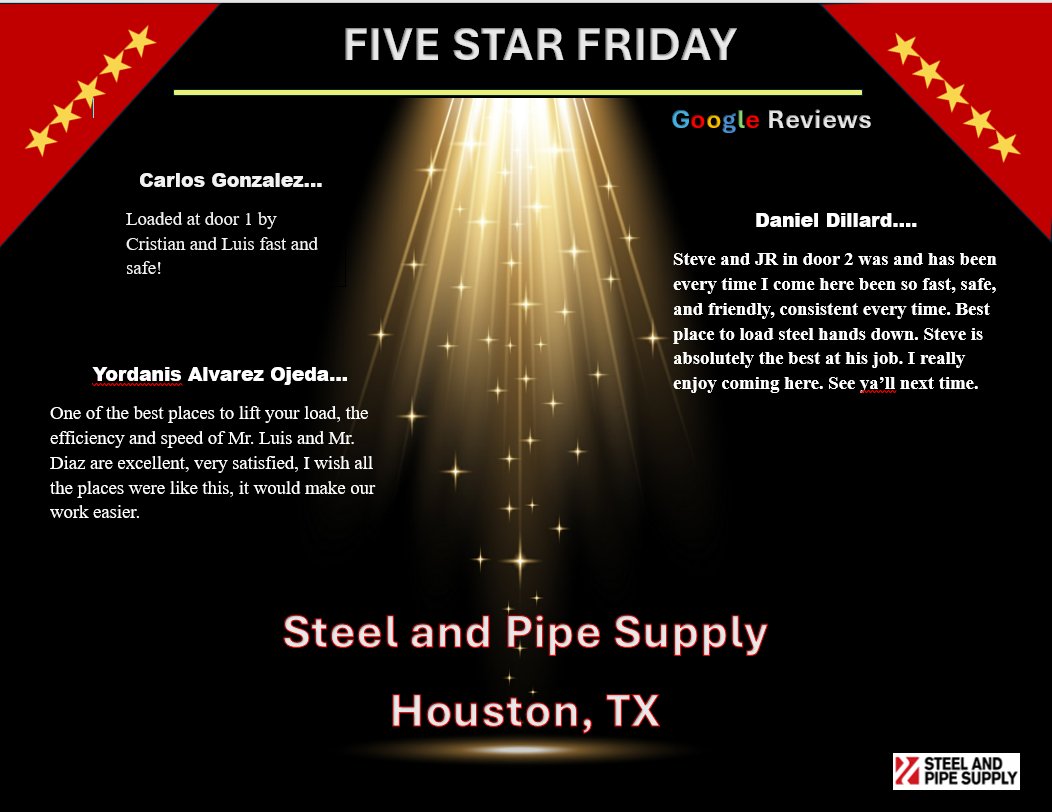 steelandpipe's tweet image. Our Five Star Friday spotlight this week goes to Steel and Pipe Supply in 𝐇𝐨𝐮𝐬𝐭𝐨𝐧 𝐓𝐗. 𝐒𝐩𝐞𝐜𝐢𝐚𝐥 𝐬𝐡𝐨𝐮𝐭𝐨𝐮𝐭𝐬 👏 𝐭𝐨 𝐂𝐡𝐫𝐢𝐬𝐭𝐢𝐚𝐧, 𝐋𝐮𝐢𝐬, 𝐒𝐭𝐞𝐯𝐞, 𝐉𝐑 𝐚𝐧𝐝 𝐃𝐢𝐚𝐳.. Way to work as a team and keep the drivers movin. Safety First and Foremost.