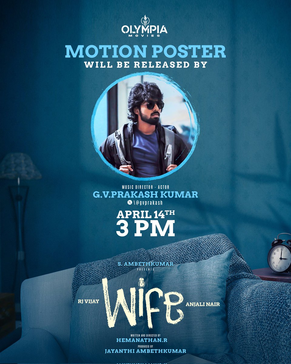 #Wife motion poster will be unveiled by the cinematic genius @menongautham and musical genius @Gvprakash on Tamil New Year, April 14th at 3 PM ! starring @RJVijayOfficial & @ianjalinair✨ Directed by @dir_hemanathan Produced by @ambethkumarmla @olympiamovis A @JenMartinmusic…