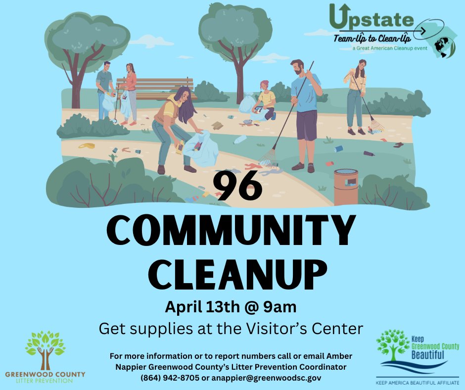 📢 Attention Ninety Six residents. Tomorrow is your chance to make a difference. Join the Ninety Six Community Clean starting at 9:00 a.m. Meet at the Visitor's Center to pick up your supplies and prepare to make an impact.