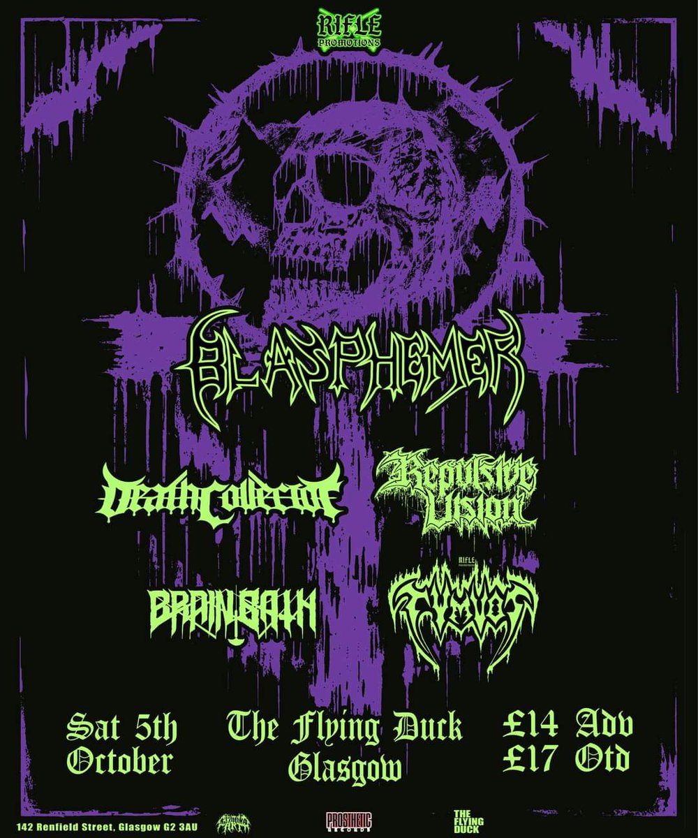 DeathCollector (@deathcollector_) on Twitter photo 🏴 Announcement 🏴
Debut Scotland show in Glasgow! You asked and you receive! We are absolutely stoked to be joining Blasphemer , <a href="/RepulsiveVision/">Repulsive Vision</a> , <a href="/_BrainBath_/">BrainBath 🧠🛁</a> and Tymvos at The Flying Duck hosted by Ricky of <a href="/MoshTimes/">Moshville Times</a> (RIFLE Promotions)💀 🏴 Announcement 🏴
Debut Scotland show in Glasgow! You asked and you receive! We are absolutely stoked to be joining Blasphemer , <a href="/RepulsiveVision/">Repulsive Vision</a> , <a href="/_BrainBath_/">BrainBath 🧠🛁</a> and Tymvos at The Flying Duck hosted by Ricky of <a href="/MoshTimes/">Moshville Times</a> (RIFLE Promotions)💀