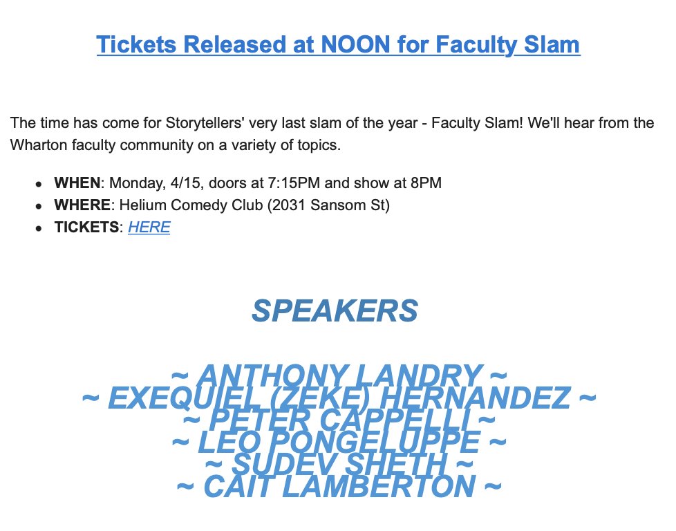 Looking forward sharing a story at the @Wharton Storytellers Faculty Slam next Monday @HeliumComedy alongside my colleagues!