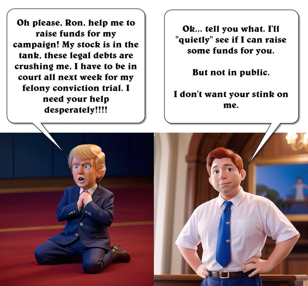 I hear that @RonDeSantis will be 'quietly' helping orange man to raise funds. I'm sure this is how it went down. #DumpTrump #OverTrump #NeverAgainTrump