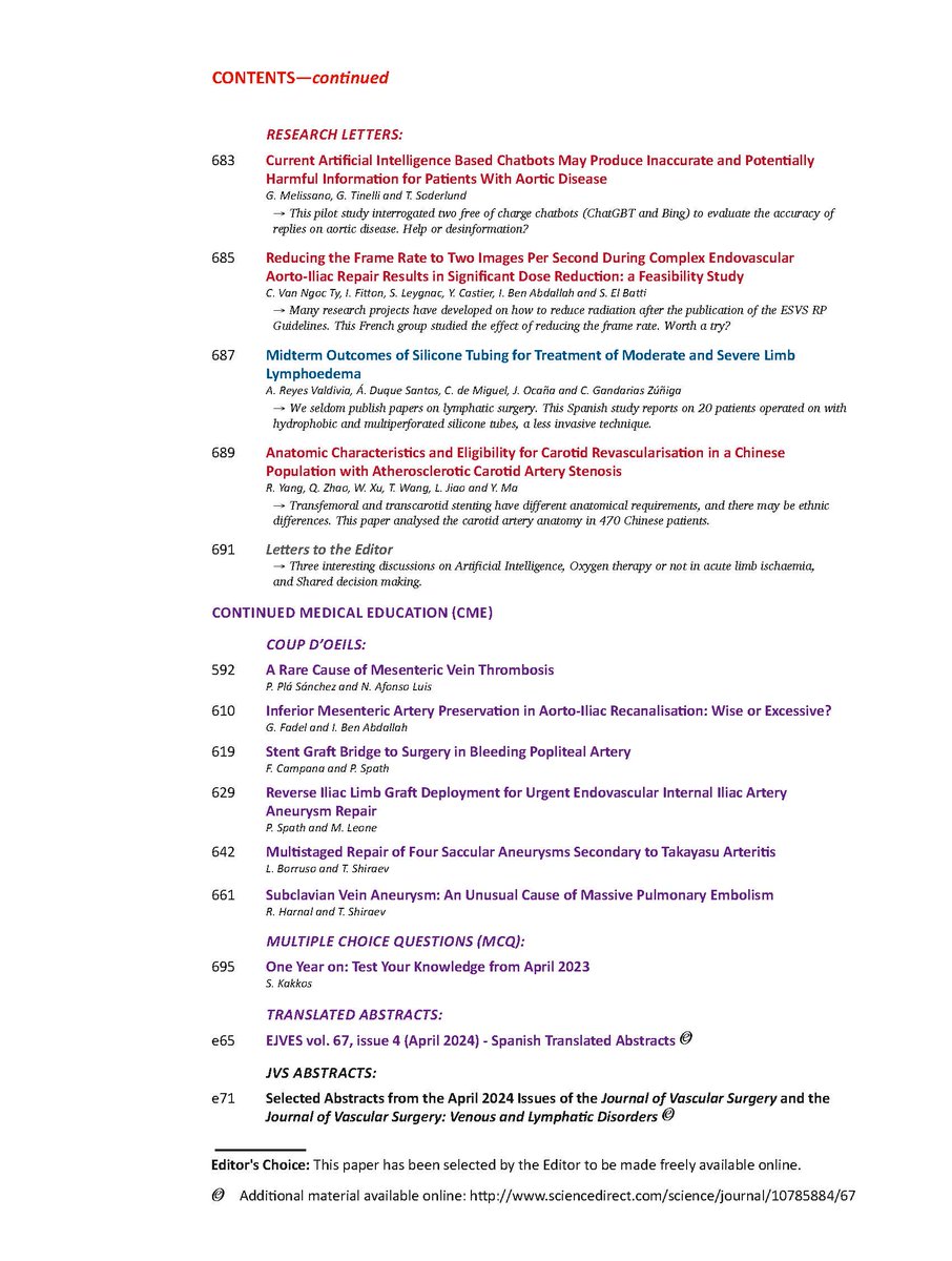 Hot off the press! The April issue and #EJVESToC are now available online, including the UK-COMPASS, EC's papers, 7 open access submissions and much more🎉! @Jonnyboyle1 @IVanherzeele @KevinMani7 @VASCevidence @TwineVasc @CarlotaFPrendes @jmills1955 @NZVascular @frederico_bg