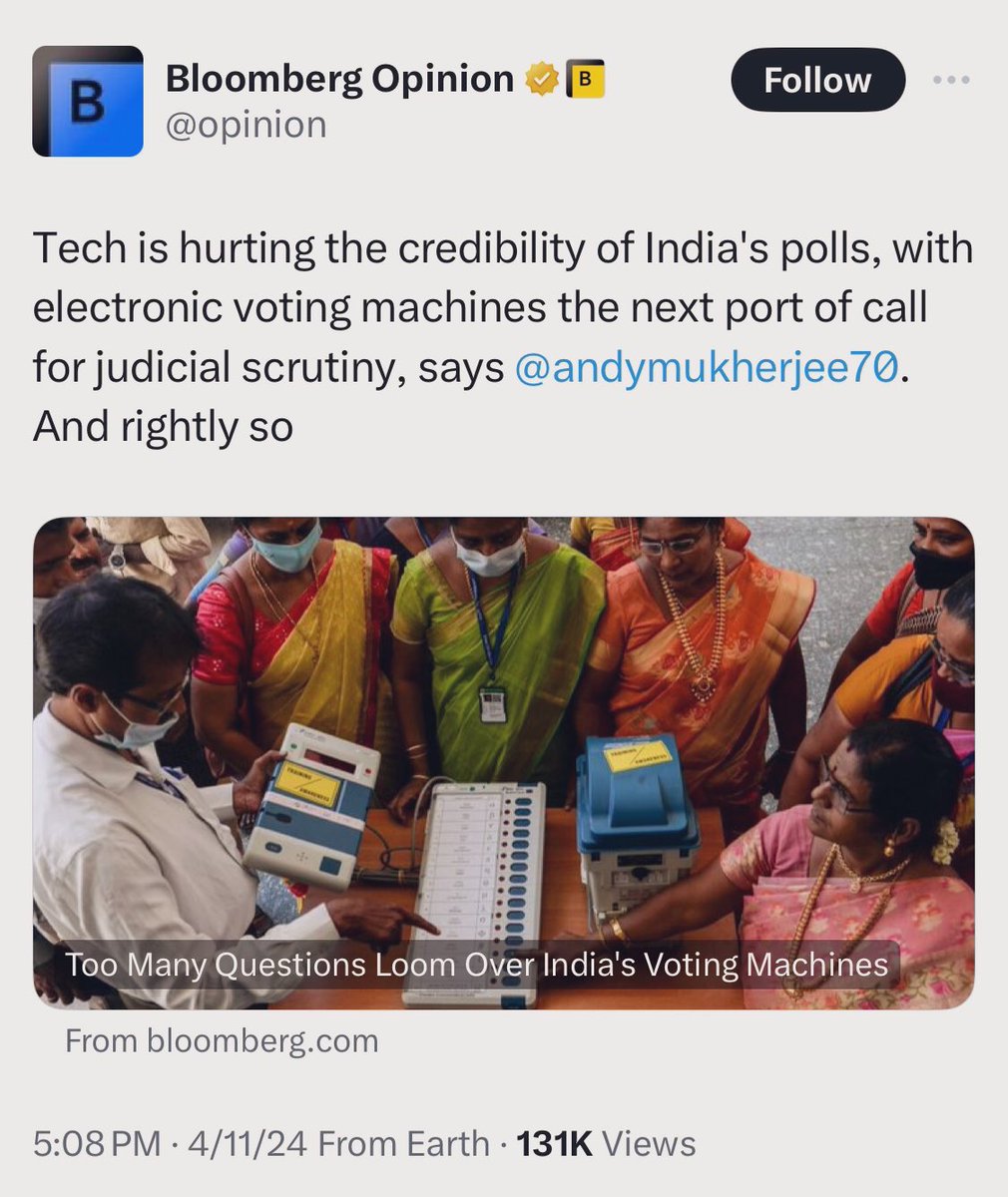 🔸Namaste @ECISVEEP @MEAIndia Would you bring the full force of the Indian government on Bloomberg? Is this not election interference by a foreign entity? cc @DrSJaishankar