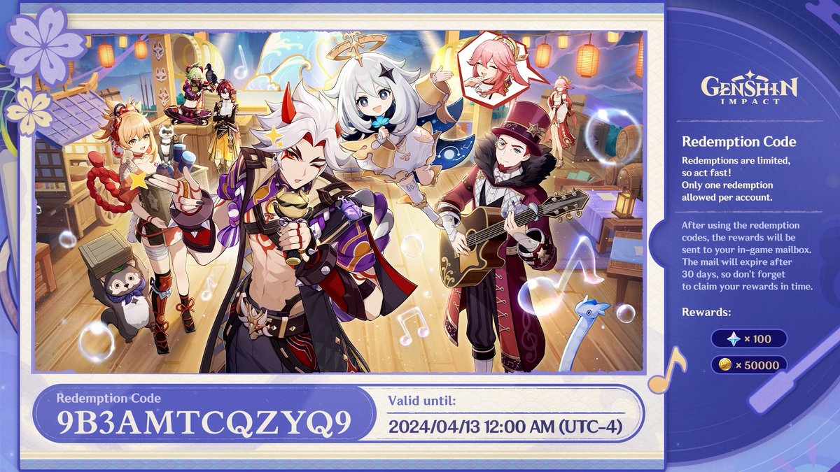 Viajero/a, ¡aquí están los códigos de canje del nuevo programa especial!
Protogema ×100 + mineral de refinamiento místico ×10 (WTKBMBD8ZZRZ)
Protogema ×100 + Ingenio del héroe ×5 (EAKA5BU9HHRM)
Protogema ×100 + Mora ×50 000 (9B3AMTCQZYQ9)

#GenshinImpact
#GenshinImpact4ꓸ6