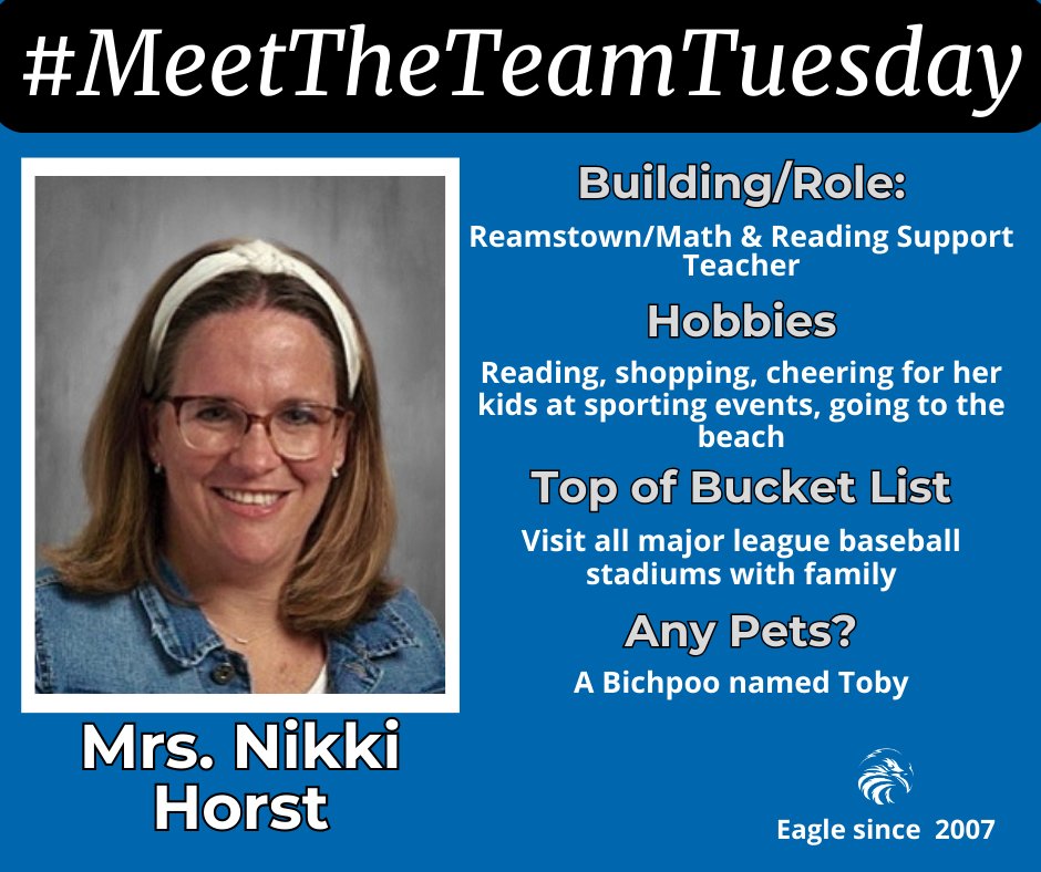 It's time for #MeetTheTeamTuesday! 👏

Get to know our incredible staff members who inspire and support learning for every child, every chance, every day! #EaglePACT @ReamstownElem