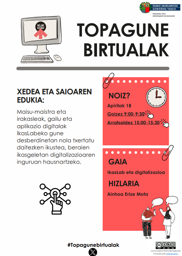🎙️ VII. Topagune Birtuala hemen da!

💡 #IkasLab-en nondik norakoak ezagutzeko aukera aparta izango dugu!

𝐃𝐚𝐭𝐚: Apirilak 18
𝐇𝐢𝐳𝐥𝐚𝐫𝐢𝐚: Ainhoa Erize Mota
𝐎𝐫𝐝𝐮𝐭𝐞𝐠𝐢𝐚: 9:00-9:30 / 15:00-15:30

🔗 Informazio gehiago: digigunea.euskadi.eus/eu/topagune-bi…