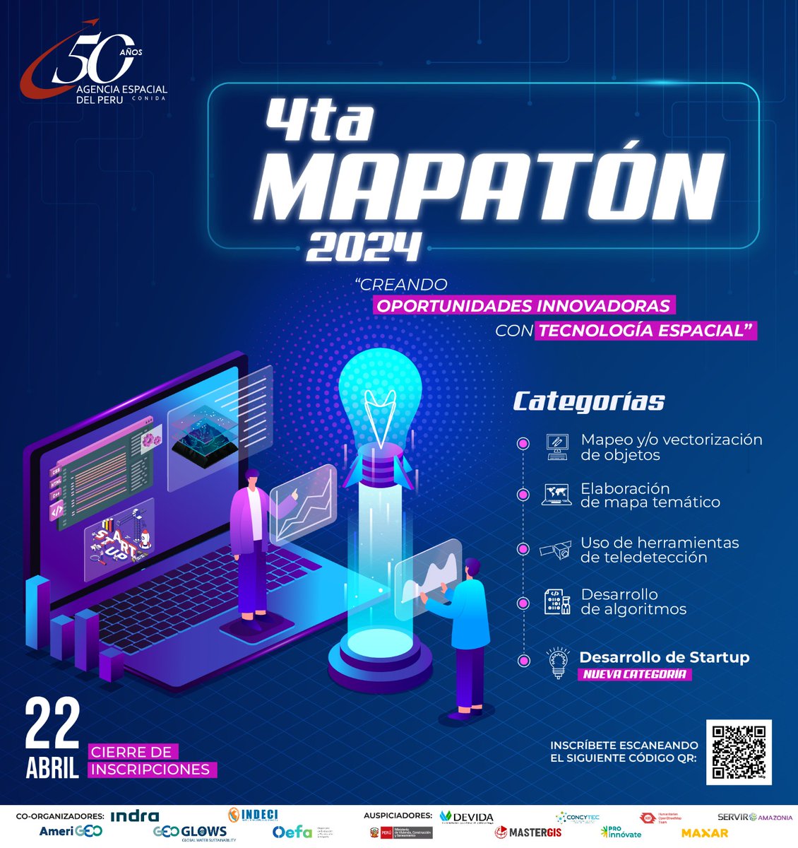 EOTECDevNet's tweet image. 🌐 Mapatón 2024 invites you to join the challenge of leveraging space technology for innovative opportunities in Peru. 🛰️

Register for free and contribute: conida.gob.pe/mapaton  

#CONIDA #Mapatón2024 #GeoSpatialTechnology #PeruSAT1 #PeruGEO