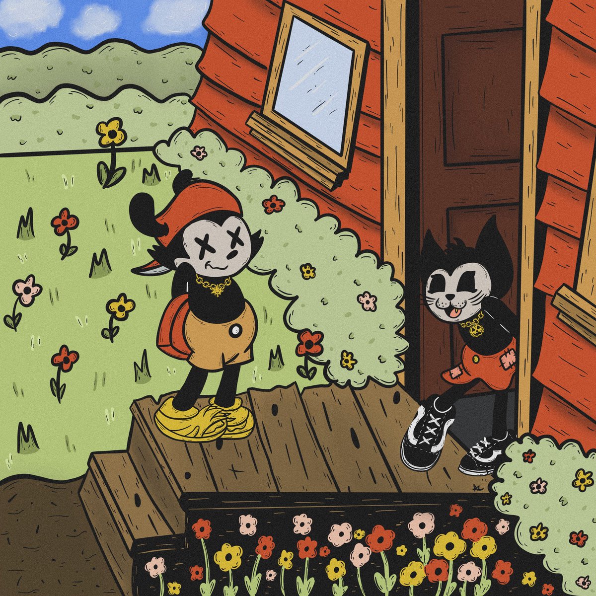 Gm everyone! ☀️🌷 First time working with perspective like this :) Wanted to do a cute scene from old school Mickey with @Goonz_World :p❤️