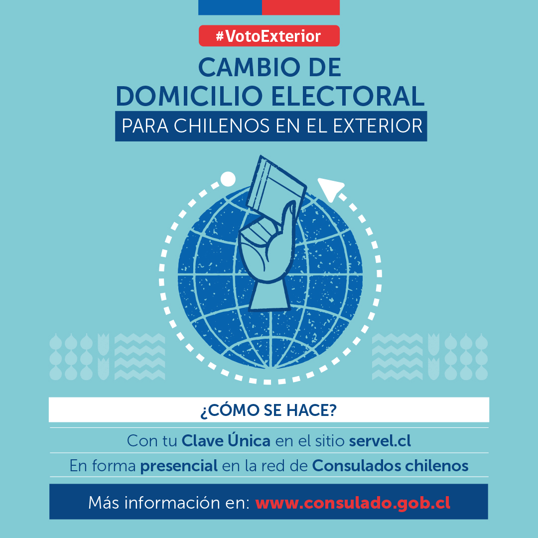 VotoExterior | Solicita tu cambio de domicilio electoral en línea en cambiodomicilio.servel.cl y, de forma presencial, en la red de Consulados de Chile en el mundo. Revisa más información👉bit.ly/3NCQTUM