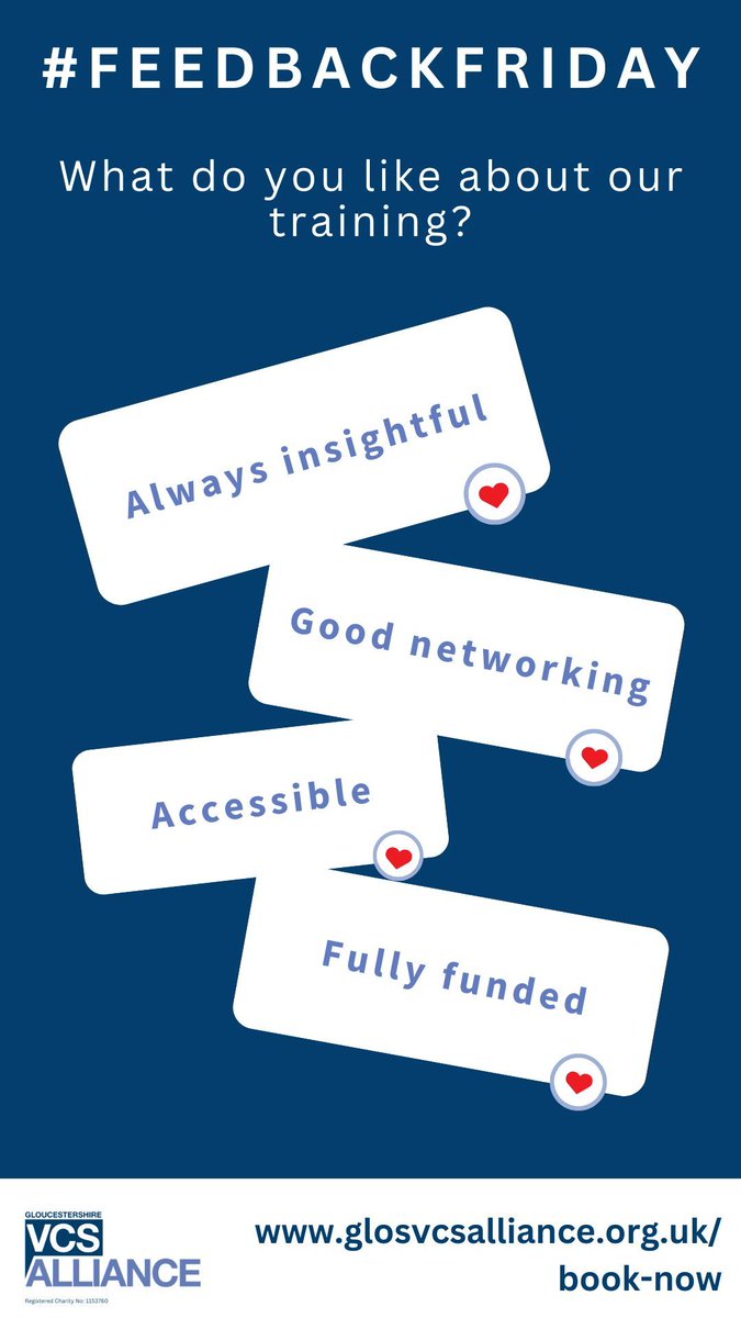 Are you looking for training for your team? We asked our participants what they like about our courses: ❤️ Always Insightful ❤️ Good networking ❤️ Accessible ❤️ Fully funded Find out more & book: buff.ly/3EZeHgI #VCSENewsGlos #Gloucestershire #FeedbackFriday