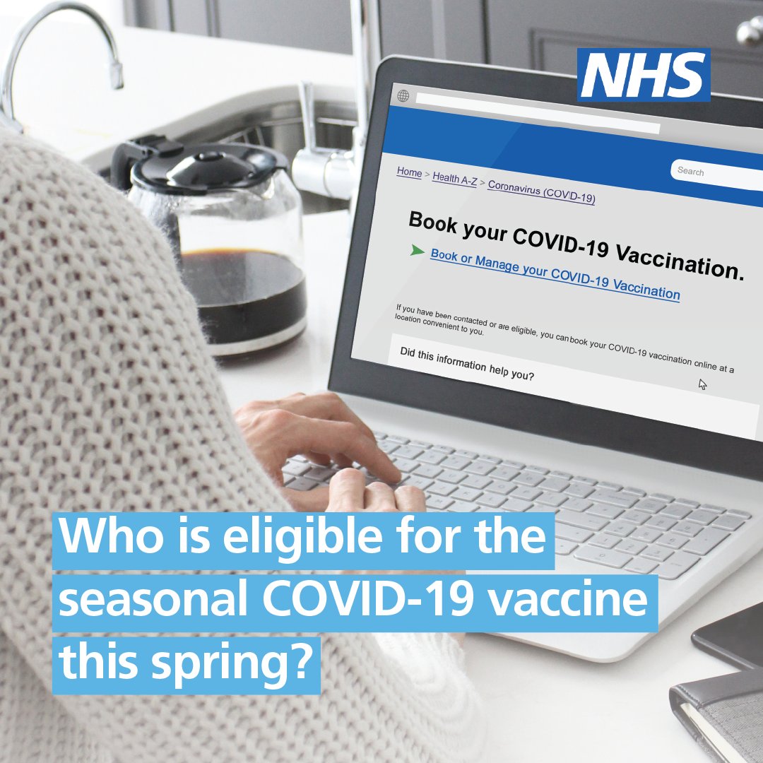 From next Monday, 15 April, eligible people can book a spring COVID-19 vaccination online or through the NHS app. To learn more, visit the NHS website or search 'getting a COVID-19 vaccine'.