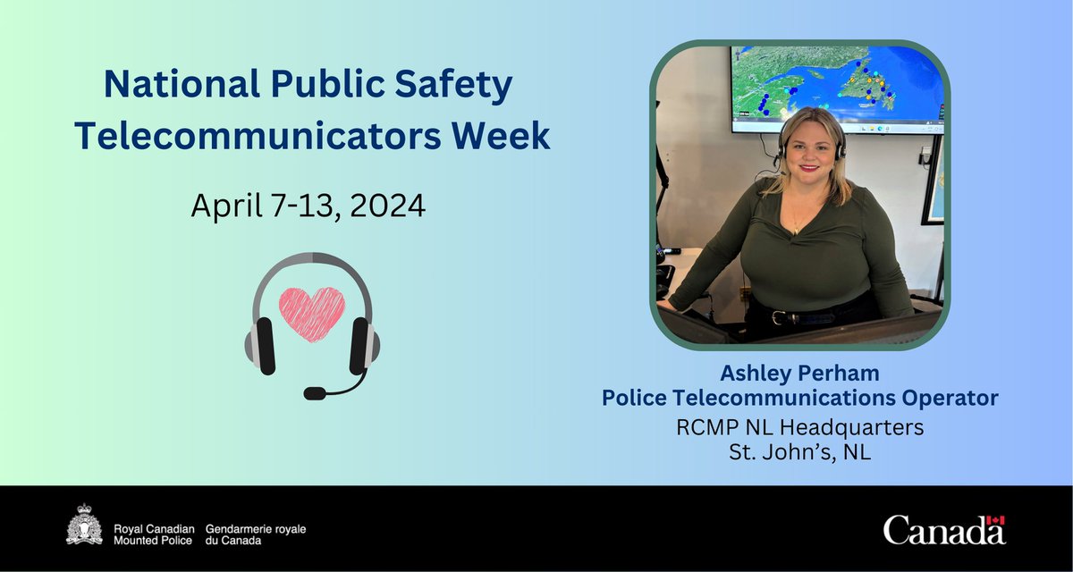 Today, meet Ashley Perham, a Police Telecommunications Operator! As part of National Public Safety Telecommunicators Week, we thank Ashley and all the hard-working employees in our Operational Communications Centre at RCMP NL Headquarters. #YourRCMPNL rcmp-grc.gc.ca/en/news/2024/t…