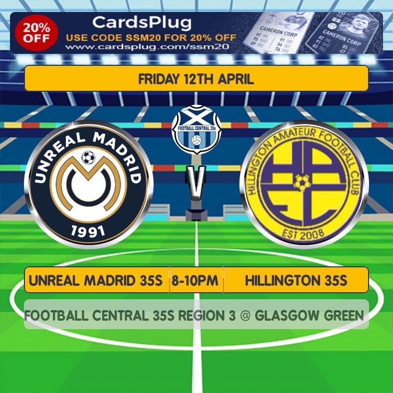 <a href="/AfcHillington/">Hillington AFC</a> <a href="/centregions35s/">Football Central 35s</a> <a href="/scottish_aff/">AmateurFixturesResultsSCO</a> 
Hillington travel to Glasgow Green tonight to play <a href="/UnrealMadrid35s/">Unreal Madrid 35s</a> in their region 3 league fixture . 
Should be a good one ⚽️⚽️💙💛💙💛
