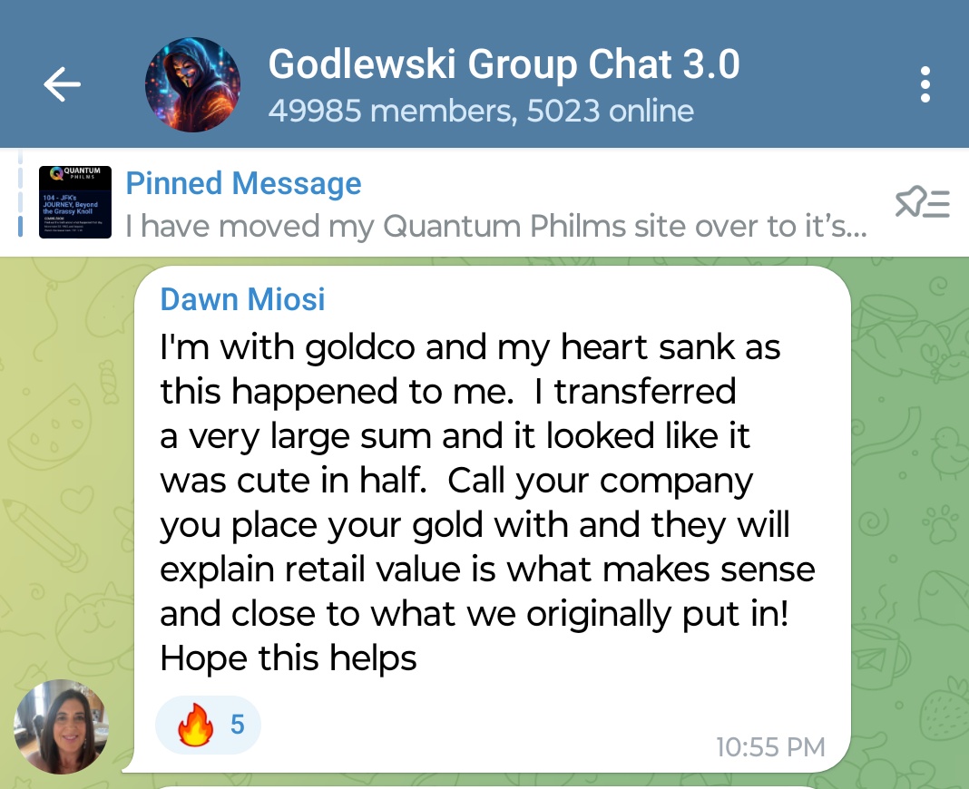 She got #goldco. Guess what. Half gone.

But if she calls them they will lie and say it's gone up.

They have no fiduciary responsibility to you. They're overcharging for coins and saying they have numismatic value. IRA can only have bullion. That's what it's worth - HALF