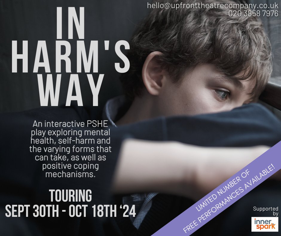 We'll be touring In Harm's Way, across the country, Sept 30th - Oct 18th! We've got some (limited) free and discounted performances for schools with >15% FSM (sponsored by @innersparkuk), and an early bird discount for those who don't. Hurry - these slots fill up fast! #edchat