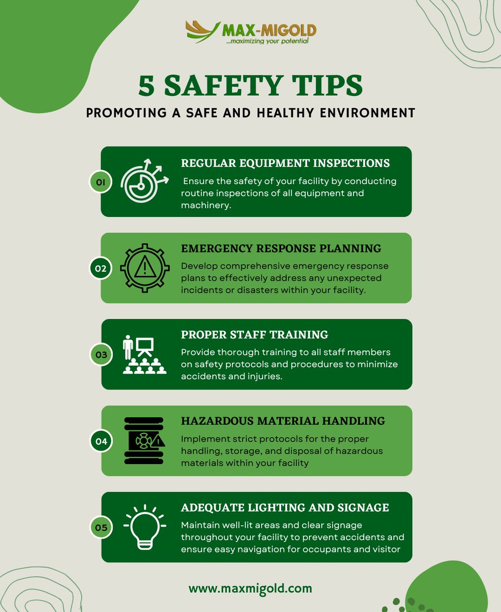 Safety is our top priority! Remember to regularly inspect equipment, train staff properly, plan for emergencies, handle hazardous materials with care, and ensure adequate lighting and signage. #SafetyFirst #WorkplaceSafety #PreventionIsKey