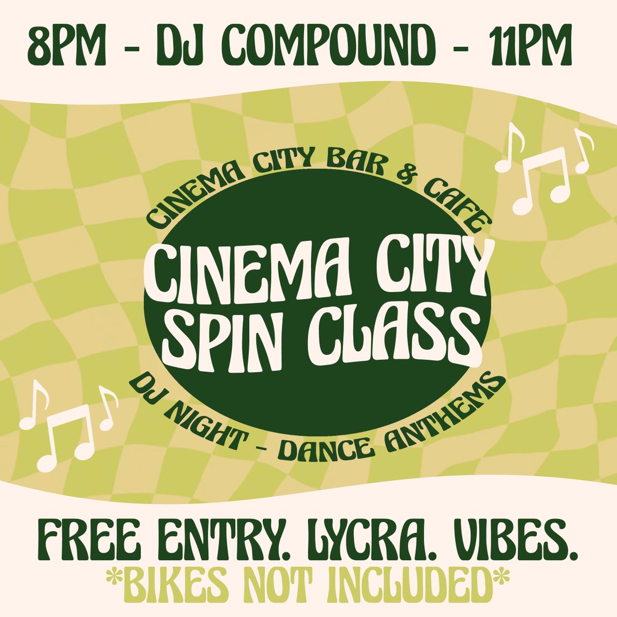 🎵 CINEMA CITY SPIN CLASS 🎵 Bikes are not provided, but good vibes certainly are! #BringYourLycra Join us TONIGHT from 8pm with @djcompound for modern and and classic dance anthems! ✨ See you there! 💃 #DJNight