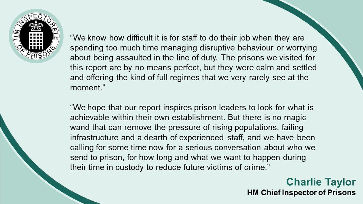 Today we published a thematic review on improving behaviour in prisons. It lays out what we found in eight jails which were creating calmer and safer environments, despite a backdrop of increasing pressures for prisons.
