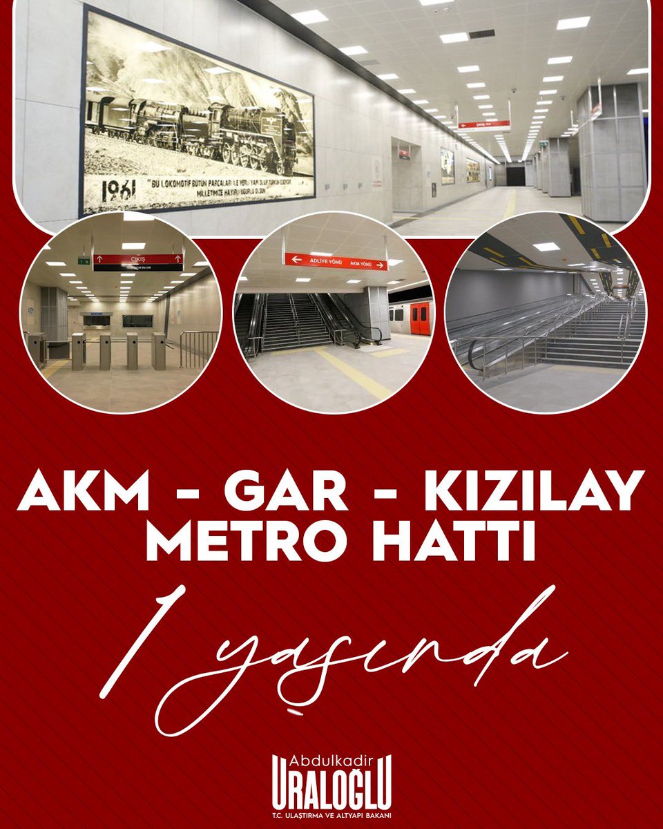 AKM - Gar - Kızılay Metro Hattı 1️⃣ Yaşında!🚇 🛤️ 3,3 kilometre uzunluk 👥 Günlük 600 bin yolcu kapasitesi 🚉 3 istasyon #TürkiyeHızlanıyor 🇹🇷