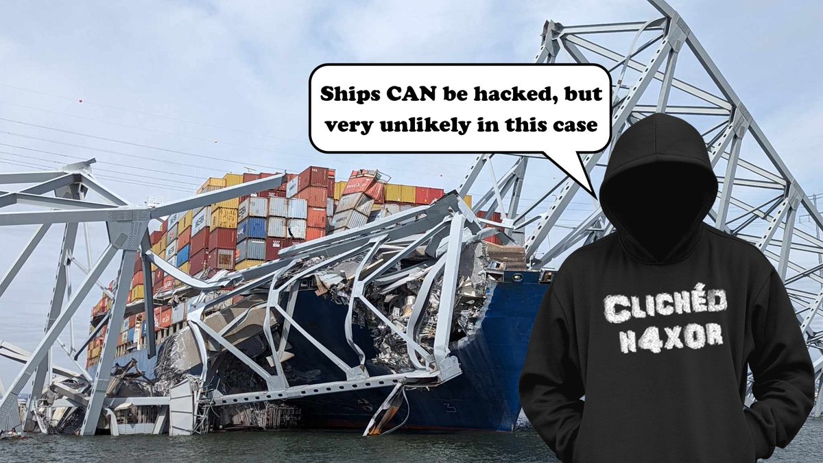 Following the unhelpful speculation that MV Dali was hacked causing the Baltimore bridge collision, our @cybergibbons applies logic & experience to explain why those claims are ridiculous at best, and dangerous at worst. Can ships be hacked? pentestpartners.com/security-blog/… #MaritimeCyber