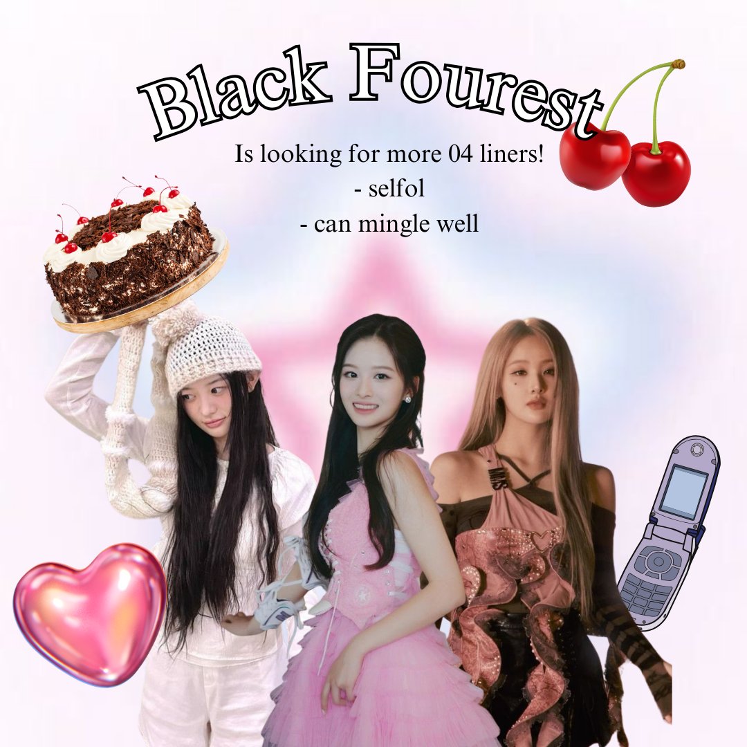 RT is highly appreciated! Black Fourest is sending a warm invitation to join our gdm! We're currently on the lookout for 2004 friends to join in on the fun. The taken list is Belle, Minju, and Sullyoon. If you'd like to be part of us, Simply reply with your short introduction.