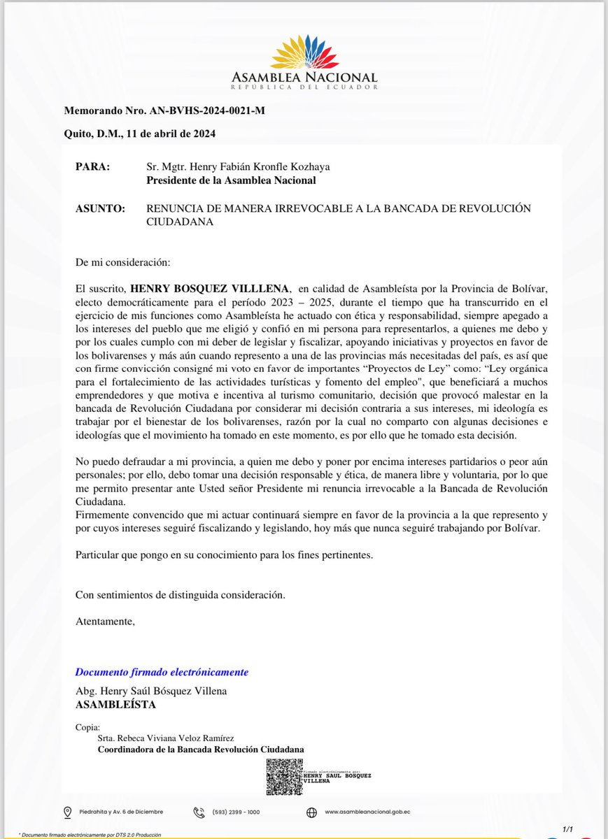 ‼️#URGENTE Henry Bósquez renuncia a la bancada de la Revolución Ciudadana. “Mi ideología es trabajar por el bienestar de los bolivarenses, razón por la cual no comparto con algunas decisiones e ideologías que el movimiento ha tomado en este momento, es por ello que he tomado esta…