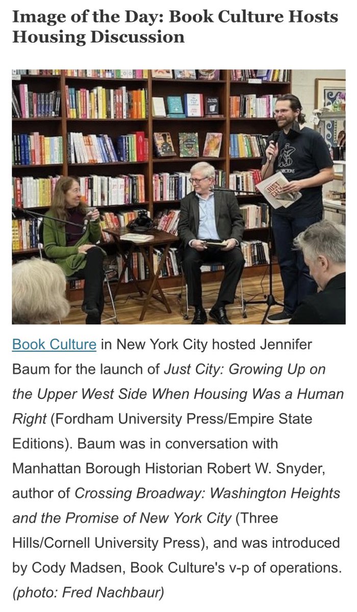 A celebration of university presses in today’s @ShelfAwareness, as the image of the day features @FordhamPress author @auberginejb in conversation with @CornellPress author @robertwsnyder at @bookculture. (Photo by Fordham UP director Fred Nachbaur!)