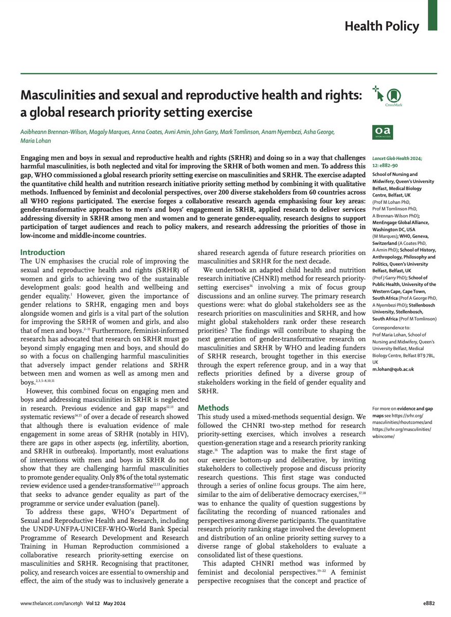 Building on this 2019 work, new priority #research agenda explores how to challenge harmful #masculinities to further #SRHR. From @AvniNAmin, Maria Lohan, Magaly Marques in @LancetGH: bit.ly/4cL8mFg