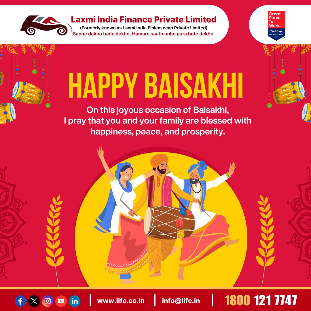 Happy Baisakhi
On this joyous occasion of Baisakhi, 
I pray that you and your family are blessed with happiness, peace, and prosperity.
#HappyBaisakhi #BaisakhiCelebrations #FestivalOfHarvest #PunjabCulture #Laxmiindiafinance #JaipurFinance #FinanceIndia