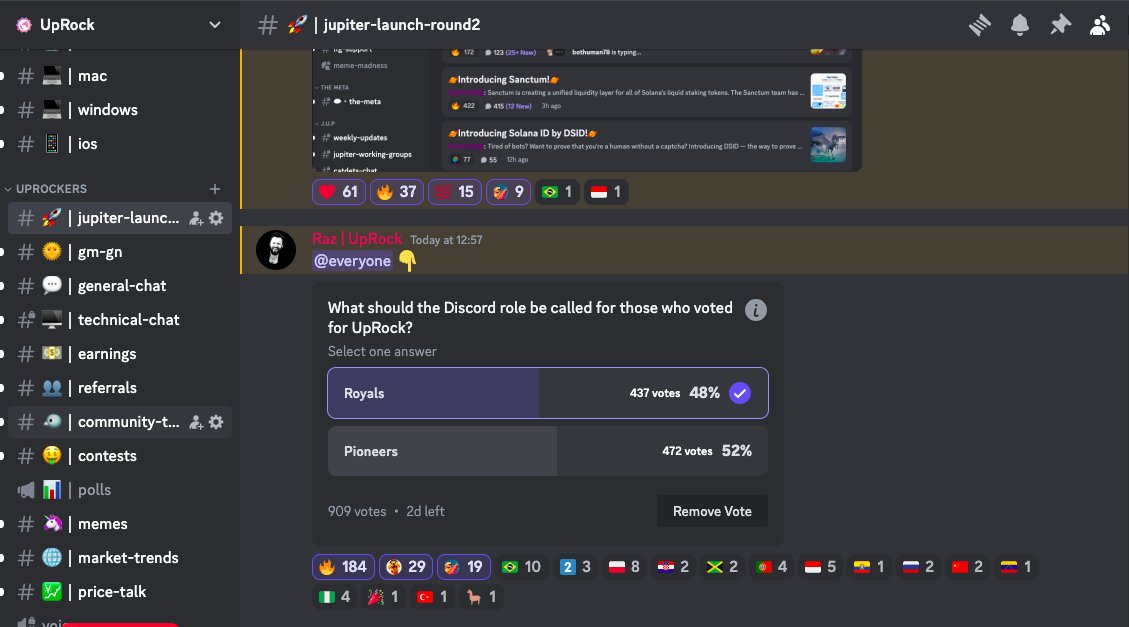 Friends,  

We are running a poll for our special voting role.  

Royals vs Pioneers

Head over to Discord now and cast your vote to join the ranks of our dedicated community: discord.gg/uprock