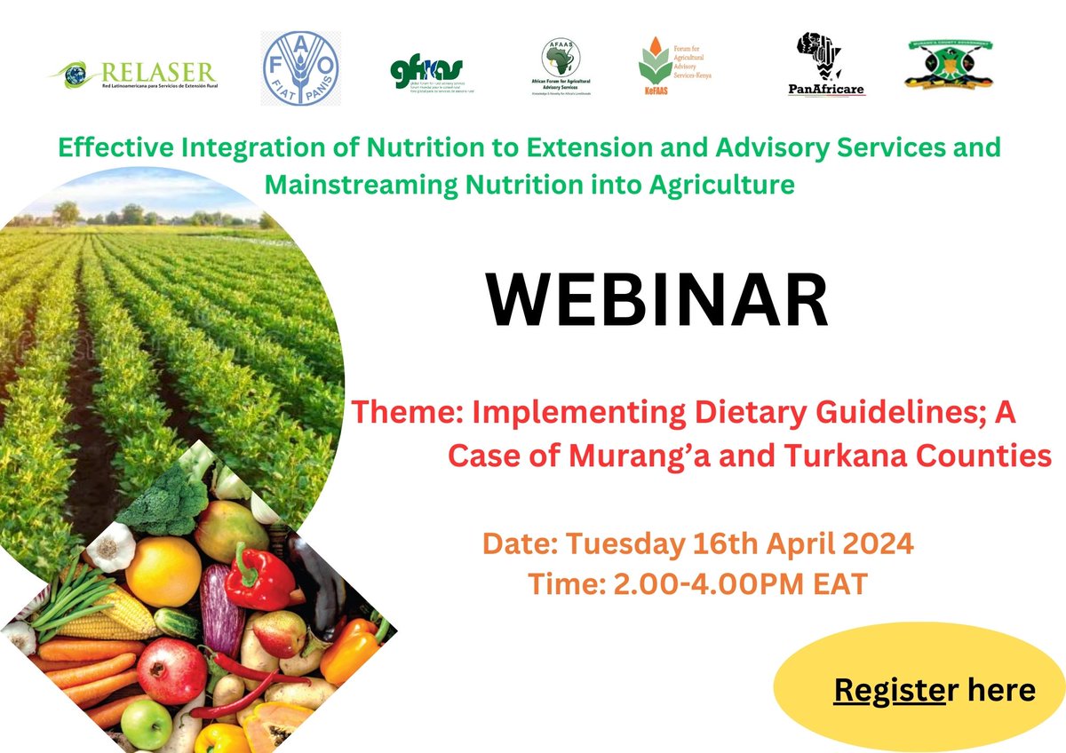 Register here: docs.google.com/forms/d/1qQdqM…  and participate at the Implementing Dietary Guidelines to EAS Webinar on 16/04 at 2-4.00pm EAT. #nutritionsensitiveagriculture #FBDGs #zerohunger 
@PanAfricare_ke @infogfras @RedRelaser @afaasinfo @AsnetKenya @_TheFarmerGuide