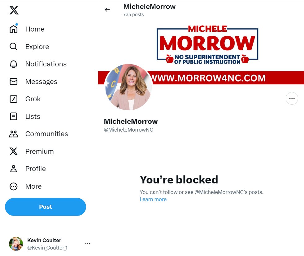 New Rule: If a candidate's message to the public is so bad that they have to block people asking good faith questions, then they must be a horrible person. I'm on my 25 year of teaching in North Carolina and I tweet under my real name. #nced #ncpol What is Michele scared of?