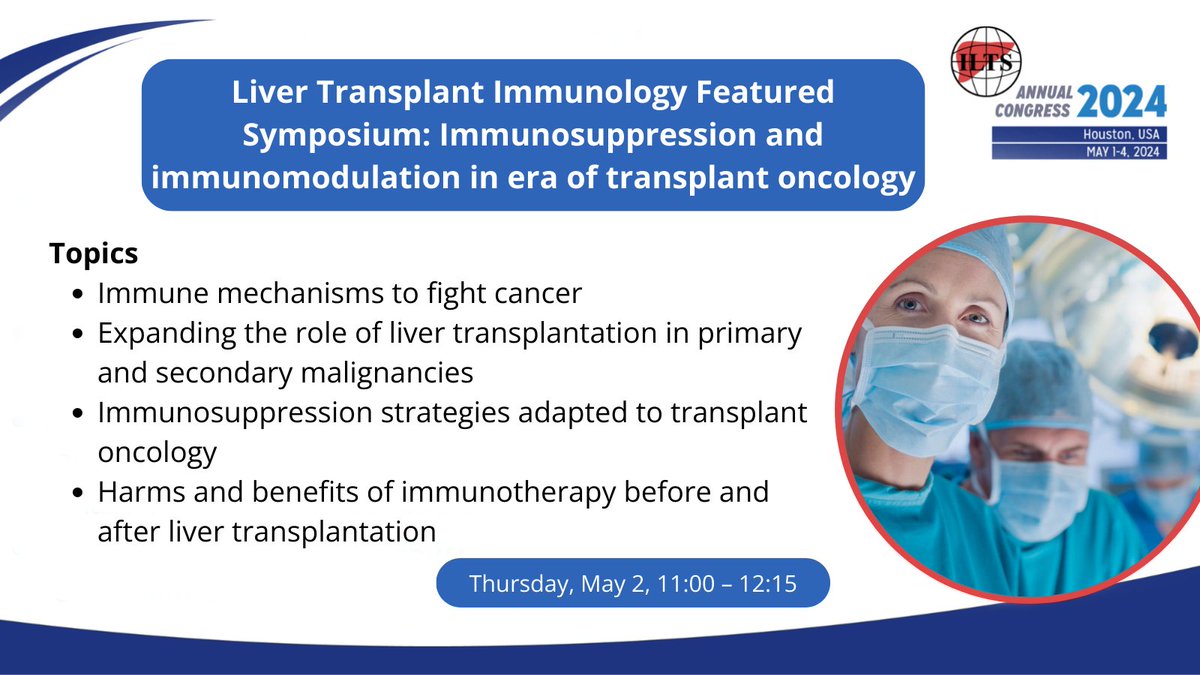 Join us for the Liver Transplant Immunology Featured Symposium at #ILTS2024! Take advantage of insightful discussions on the harms and benefits of immunotherapy before and after liver transplantation. #LiverTransplantation #Immunology #TransplantOncology #LiverTwitter