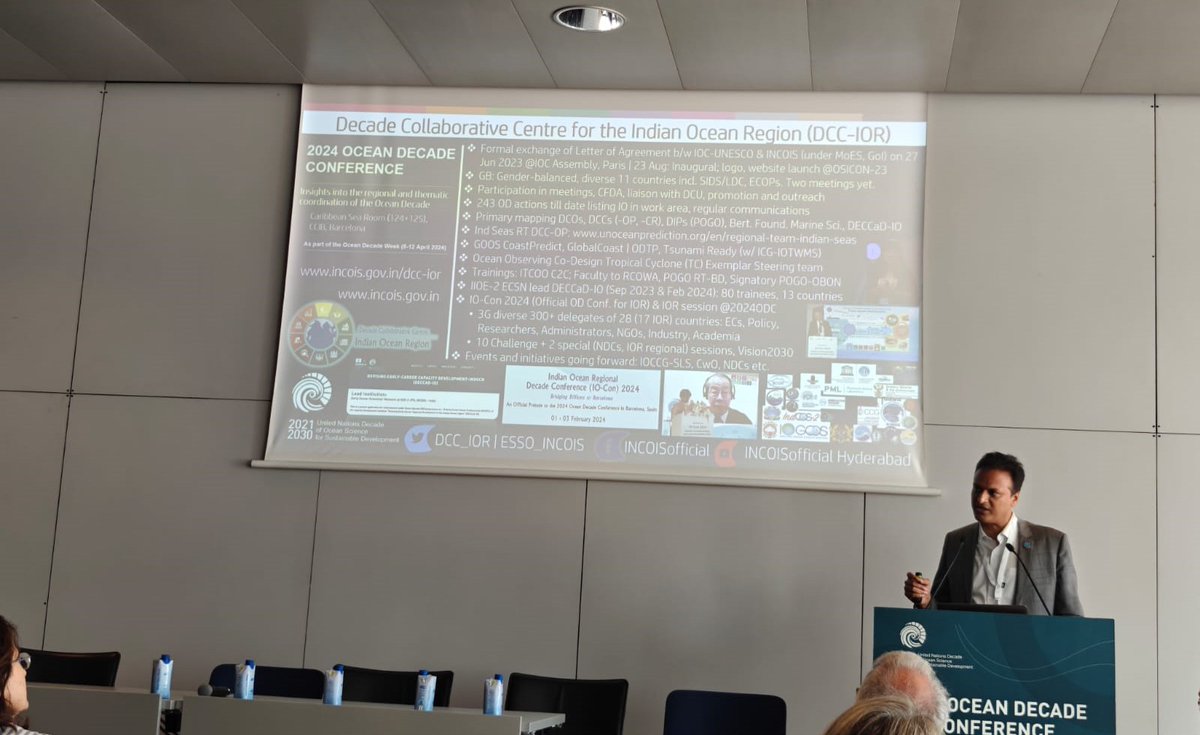 In #OceanDecade2024 DCC-DCO session #Barcelona Dr @tummalasrini (Dir #INCOIS Head @DCC_IOR #Hyderabad) provided a captivating account on extensive activities & networking that #DCC #IOR has achieved within months of its formal launch. He also interacted with the panel & audience.