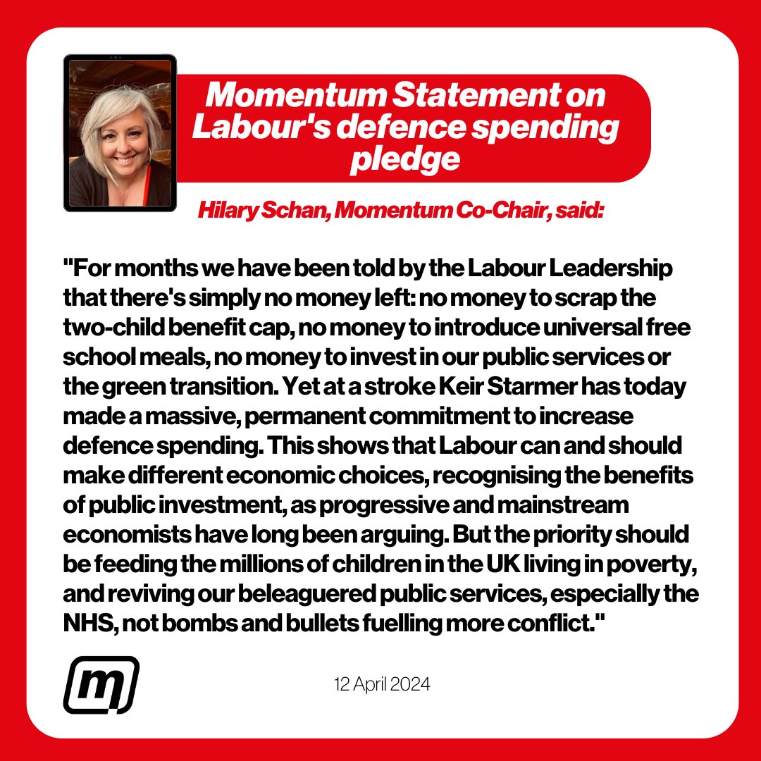 Labour has money for yet another increase in arms spending. But none for hungry kids, underpaid nurses or struggling public services. Our co-chair @HilarySchan responds 👇