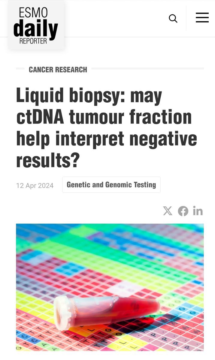 Thanks to @myESMO ESMO Daily for highlighting our paper in @CCR_AACR Tumor Fraction #liquidbiopsy. This is an important concept to distinguish non shedders to non informative LB. @lpasquina @HatimHusainMD @TischCancer Great comment by @UmbertoMalapel1 dailyreporter.esmo.org/news/liquid-bi…