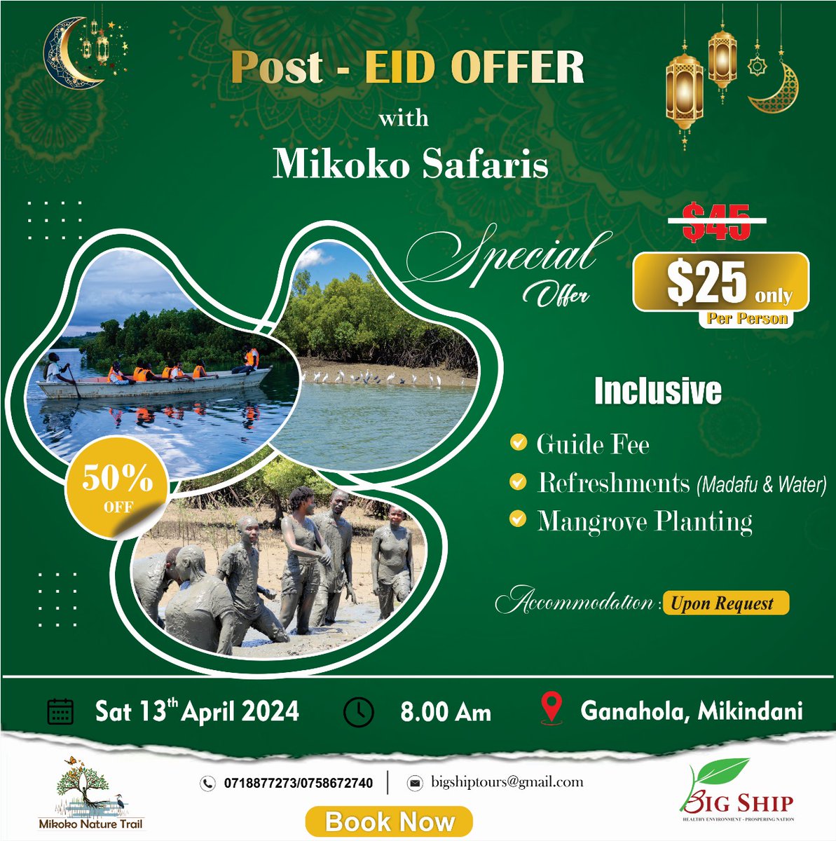 Embark on an exciting journey with Mikoko Safaris! 🚣‍♂ For only $25, experience the thrill of nature along the Tudor Creek. From mudbath fun to mangrove planting, our Post-EID offer has it all. Secure your spot now! #MikokoSafaris