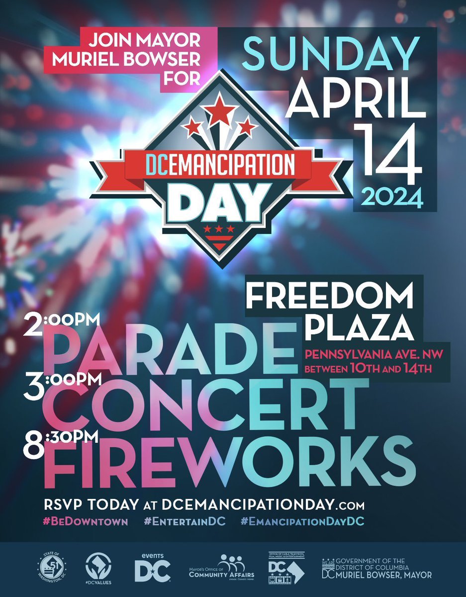 It’s almost time for the DC Emancipation Day parade and festival! 🎆 #BeDowntown to celebrate with a parade, concert, and fireworks: 🗓️Sunday, April 14 ⏰2PM 📍Freedom Plaza 🔗 DCEmancipationDay.com