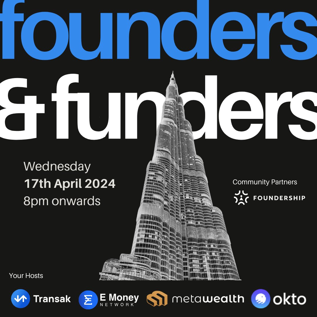 ✈️ Heading to #Token2049 in Dubai? 🌟 🚀 Kick things off with our pre-event networking evening on April 17th and meet the leading minds in #Web3! 🤝 📣 Join us at 'Founders & Funders' our exclusive gathering alongside co-hosts @emoney_network, @MetaWealth, and @okto_web3, with…