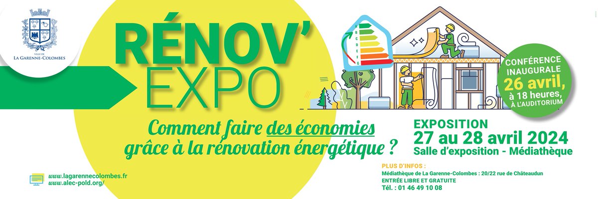 🏡Une #rénovation énergétique pour votre logement ? Quelles aides ? Les conseillers de L’ @ALEC_POLD seront à votre écoute à La Garenne-Colombes. Du 26 au 28 avril, rendez-vous à la Médiathèque de La Garenne-Colombes pour la Rénov' Expo ! Cliquez ici 👉lagarennecolombes.fr/Accueil/10005/…