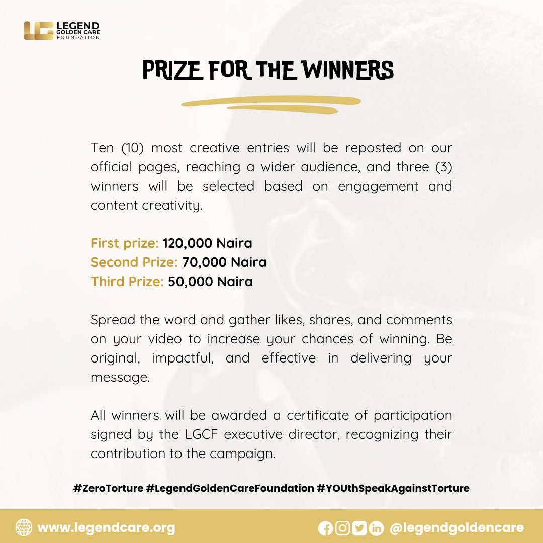 this campaign on #ZeroTorture is for you.

For more details about this challenge, please check the flyer.

Please share and tag someone who should see this.

#LegendGoldenCareFoundation #LGCF #EndTorture