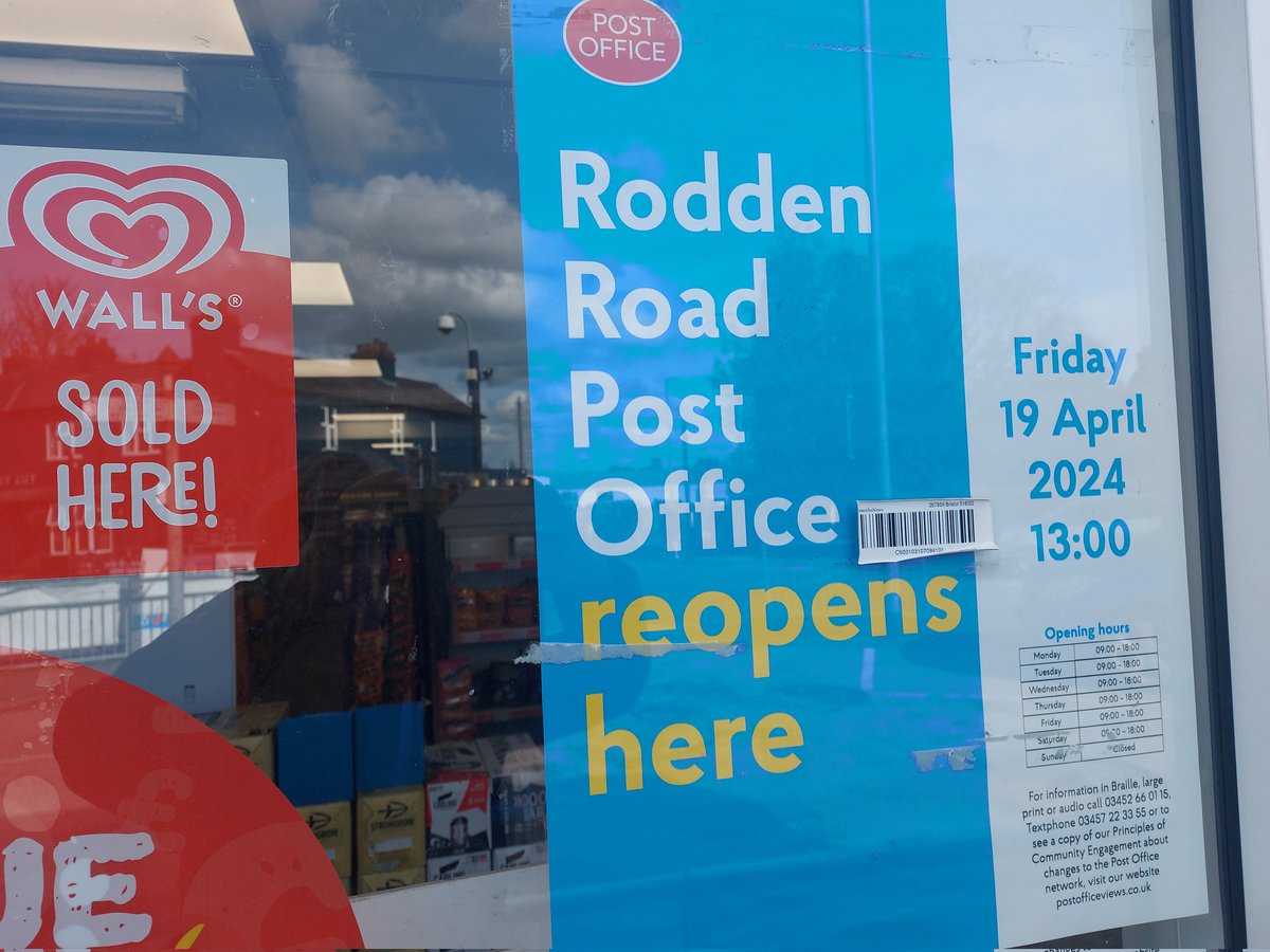 The notice is up for the opening time and date for the return of the Rodden Road post office in Frome. A second post indeed. #nubit#frome