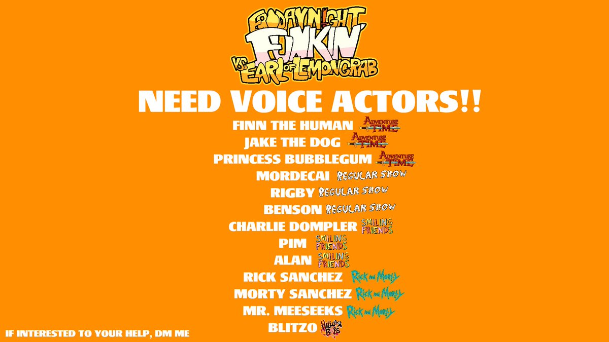 🎙️ Casting Call! 🎙️
We’re on the hunt for talented voice actors to bring our 
characters to life.
If you’ve got the skills and are ready to step into the 
world, we want to hear from you! 
DM VZexxo on Discord and let’s create something epic together! 🚀✨ 
#VoiceActing #FNFvsEOL