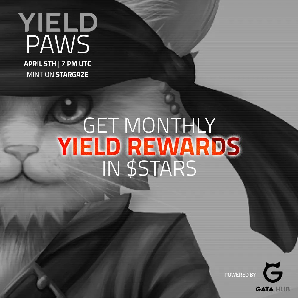 Giveaway time!

5 WL spots for #YieldPaws mint on April 5th on <a href="/StargazeZone/">Stargaze ✨🔭</a>, the kitties that provide monthly rewards in $STARS

📷 Like &amp; RT
📷 Follow <a href="/cosmoskiwis/">Cosmos Kiwis | ⭐️</a> + <a href="/GataDaoZone/">GATA DAO</a>
📷 Tag 2 frens

Winners in 48h